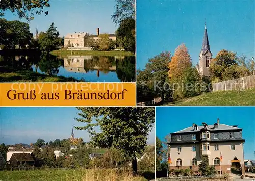 AK / Ansichtskarte 73840776 Braeunsdorf_Oberschoena Grosser Teich Kirche Teilansicht Rathaus 