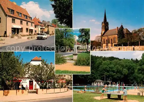 AK / Ansichtskarte 73840780 Berggiesshuebel Strassenpartie Cafe Guehs Postmeilensaeule Kirche Schwimmbad Berggiesshuebel