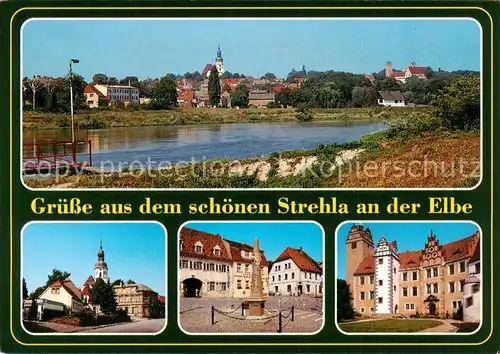 AK / Ansichtskarte  Strehla Blick ueber die Elbe zur Stadt Zentrum Gedenkstein Schloss Strehla