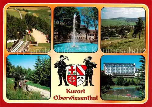 AK / Ansichtskarte  Oberwiesenthal_Erzgebirge Fichtelbergschanze Springbrunnen Panorama Wanderweg Fichtelberg Sommerbad Hotel Birkenhof Wappen Oberwiesenthal Erzgebirge