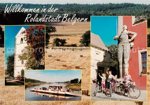 AK / Ansichtskarte  Belgern_Elbe Bartholomaeuskirche Elbe mit Gierseilfaehre Roland Statue Heidelandschaft Belgern Elbe