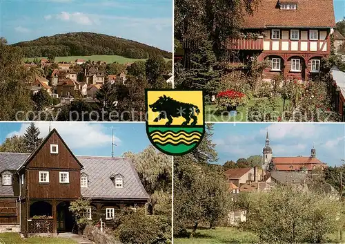 AK / Ansichtskarte 73840815 Ebersbach_Sachsen Panorama Fachwerkhaus Umgebindehaus Blick zur Kirche Wappen Ebersbach Sachsen