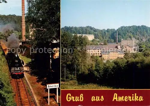 AK / Ansichtskarte Amerika_Penig Muldentalbahn Dampflokomotive ehemalige Kammgarnspinnerei 