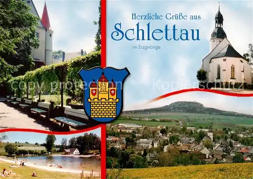 AK / Ansichtskarte Schlettau_Erzgebirge Schloss St. Ulrich Kirche Badeweiher Ortsansicht Wappen Schlettau_Erzgebirge