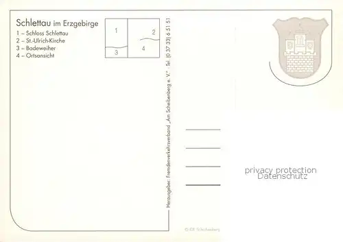 AK / Ansichtskarte Schlettau_Erzgebirge Schloss St. Ulrich Kirche Badeweiher Ortsansicht Wappen Schlettau_Erzgebirge