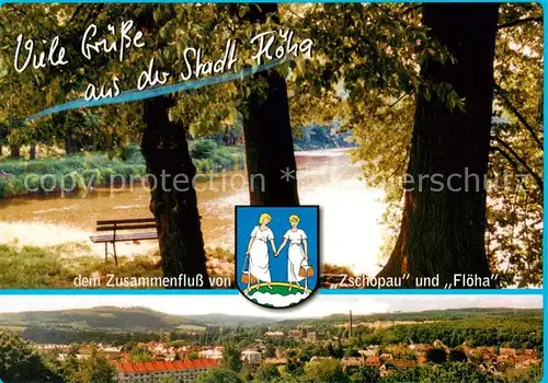 AK / Ansichtskarte Floeha Zusammenfluss von Zschopau und Floeha Stadtpanorama Wappen Floeha