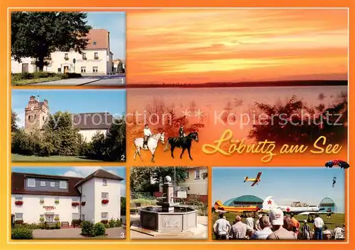 AK / Ansichtskarte Loebnitz_Delitzsch Gasthof Pension Kirche Brunnen Flugplatz Roitzschjora Sonnenuntergang am See 