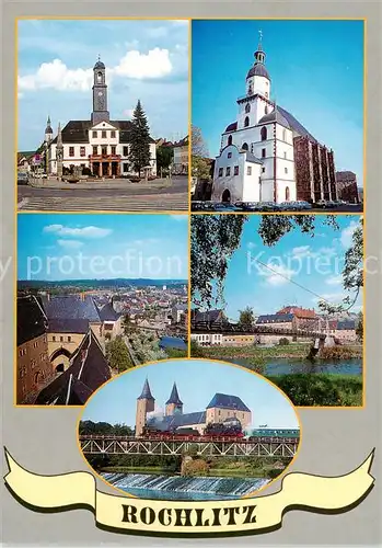 AK / Ansichtskarte Rochlitz__Sachsen Rathaus Kunigundenkirche Teilansicht Haengebruecke Schloss 