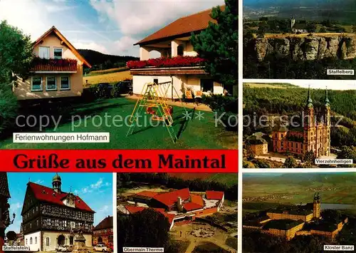 AK / Ansichtskarte Weingarten_Oberfranken Ferienwohnungen Appartements Staffelberg Vierzehnheiligen Staffelstein Obermain Therme Kloster Banz Fliegeraufnahmen Weingarten Oberfranken