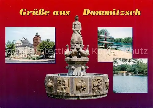 AK / Ansichtskarte Dommitzsch Gaensebrunnen Rathaus Marienkirche Waldbad Dommitzsch
