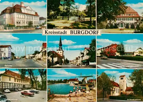 AK / Ansichtskarte Burgdorf_Hannover Strassenpartien Stadtpark Verwaltungsgebaeude Bahnhof Markt Schule Kirche Freibad Burgdorf Hannover