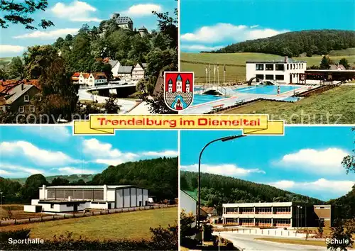 AK / Ansichtskarte Trendelburg_Diemel Ortsansicht mit Schloss Freibad Sporthalle Schule 