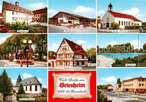 AK / Ansichtskarte Griesheim_Hessen Rathaus Hallenbad Kirche Platz Fachwerkhaus Freibad Strassenpartie Griesheim Hessen