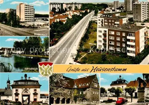 AK / Ansichtskarte Heusenstamm Bastenwald Hotel Wohnsiedlung Luftbild Torbau Postschule Schloss Platz Denkmal Heusenstamm