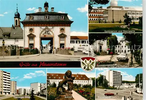 AK / Ansichtskarte Heusenstamm Torbau Gymnasium Sternwarte Kirche Rathaus Leipziger Ring Wohnsiedlung Schloss Loewenstatue Bastenwald Hotel Heusenstamm