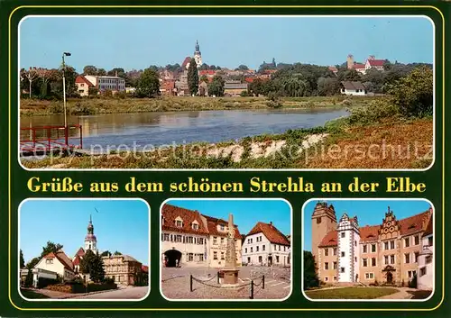 AK / Ansichtskarte Strehla Blick ueber die Elbe Teilansichten Schloss Postmeilensaeule Strehla