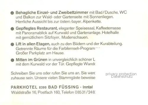 AK / Ansichtskarte Bad_Fuessing Parkhotel Bad Fuessing Fliegeraufnahme Gaststube Hallenbad Bad_Fuessing