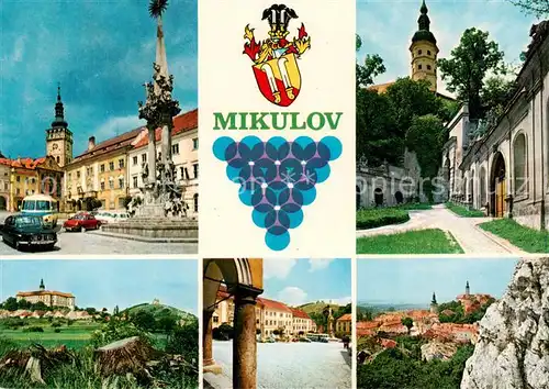 AK / Ansichtskarte Mikulov_Nikolsburg_CZ Morovy sloup s kostelem sv Vaclava Prvni zamecke nadvori Barokni zamek a Kopecek s kalvarii Fucikovo namesti Celkovy pohled z Koziho hradku 