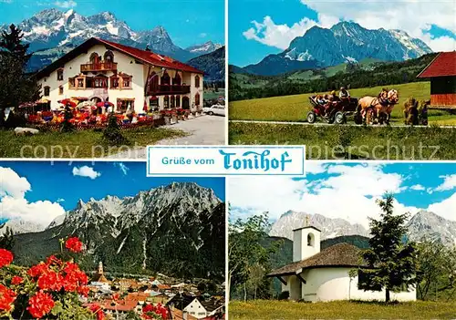 AK / Ansichtskarte Mittenwald_Bayern Hotel Tonihof Panorama Kapelle Pferdekutschfahrt Mittenwald Bayern