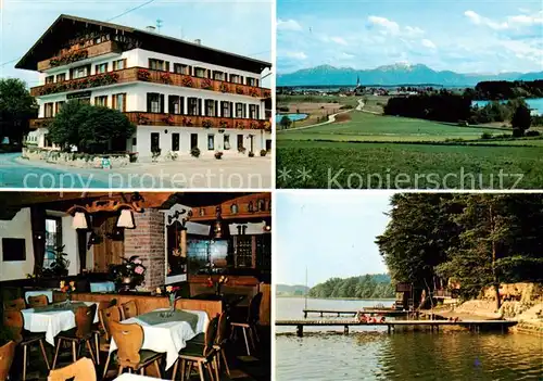 AK / Ansichtskarte Eggstaett_Oberbayern Gasthof Metzgerei Pension Widemann Panorama Gaststube Bootssteg Eggstaett_Oberbayern