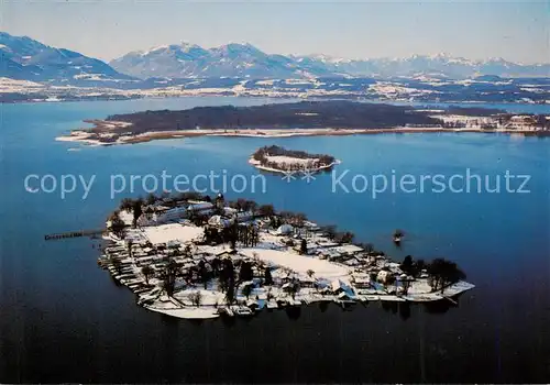 AK / Ansichtskarte Chiemsee Fliegeraufnahme mit Fraueninsel und Herreninsel Chiemsee