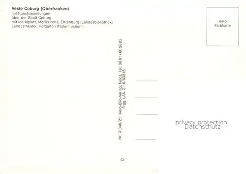 AK / Ansichtskarte Coburg Fliegeraufnahme mit Veste Coburg Stadt Marktplatz Morizkirche Ehrenburg Landestheater Hofgarten Coburg