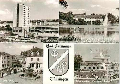 AK / Ansichtskarte 73841583 Bad_Salzungen Leninplatz Kurhaus am Burgsee Am Markt Schwimmbad An den 3 Eichen Bad_Salzungen