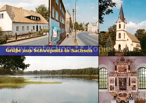 AK / Ansichtskarte  Schwepnitz Ortspartien Kirche Altar Seepartie Schwepnitz