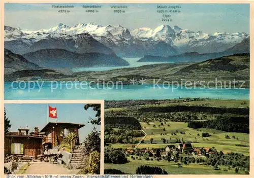 AK / Ansichtskarte  Zuerich_ZH Panorama Bergwirtschaft Albishorn mit Zuger und Vierwaldstaettersee und Berneralpen Zuerich_ZH