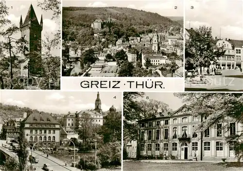 AK / Ansichtskarte 73842298 Greiz_Thueringen Pulverturm Teilansicht HO Kaufhaus Friedensbruecke Sommerpalais im Leninpark Greiz Thueringen