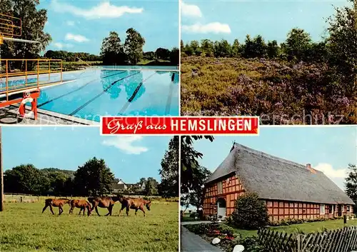 AK / Ansichtskarte 73842302 Hemslingen Schwimmbad Heidelandschaft Pferdekoppel Fachwerkhaus Hemslingen