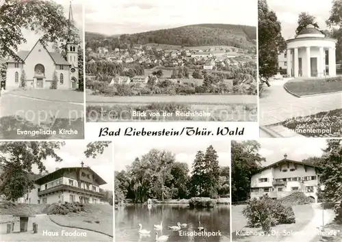 AK / Ansichtskarte Bad_Liebenstein Ev Kirche Blick von der Reichshoehe Haus Feodora Brunnentempel Elisabethpark Klubhaus Dr Salvador Allende Bad_Liebenstein