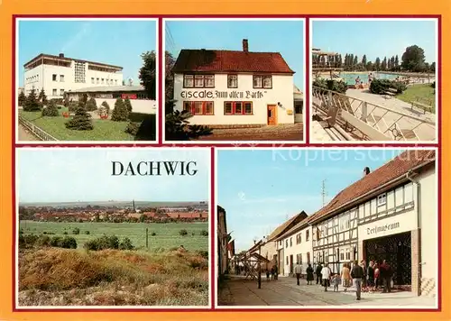 AK / Ansichtskarte Dachwig Mehrzweckgebaeude Eiscafe Zum alten Backs Freibad Ortsansicht Strasse des Friedens mit Dorfmuseum Dachwig