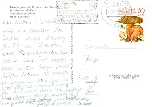 AK / Ansichtskarte Arnstadt_Ilm Fleischergasse mit Gasthaus Zur Tanne Arkaden am Marktplatz Theo Neubauer Schule Handschuhfabrik Arnstadt_Ilm