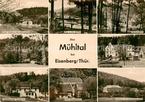 AK / Ansichtskarte Eisenberg_Thueringen HOG Waldhaus Meuschkensmuehle Muehltalblick Schoessermuehle Gasthaus Walkmuehle Waldhotel Pfarrmuehle  Jugendherberge Froschmuehle HOG Neupoldsmuehle Waldhaus zur Amtsschreibermuehle Eisenberg Thueringen
