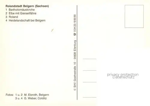 AK / Ansichtskarte  Belgern_Elbe Bartholomaeuskirche Elbe mit Gierseilfaehre Roland Heidelandschaft bei Belgern Belgern Elbe