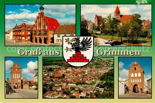 AK / Ansichtskarte 73842898 Grimmen Marktplatz Rathaus Marienkirche Muehlentor Heimatmuseum Stadtkern Fliegeraufnahme Greifswalder Tor Grimmen