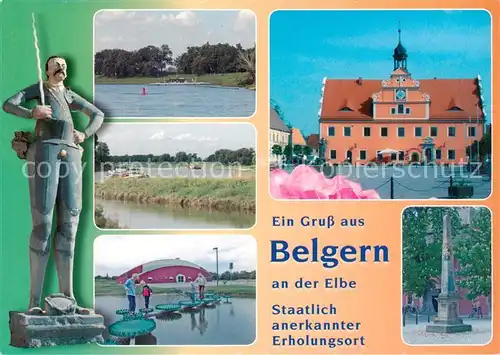 AK / Ansichtskarte 73842904 Belgern_Elbe Roland Faehre Sportboothafen Stadthalle Rathaus Postmeilensaeule Belgern Elbe