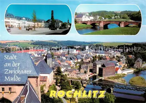 AK / Ansichtskarte  Rochlitz__Sachsen Markt mit Rathaus Steinbruecke Blick vom Schloss 