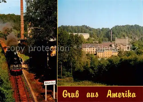 AK / Ansichtskarte  Penig Haltepunkt mit Muldentalbahn OT Amerika Blick zur ehem Kammgarnspinnerei Penig