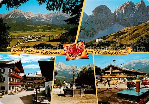 AK / Ansichtskarte Ellmau_Elmau_Tirol_AT mit Kaisergebirge Gruttenhuette mit Kaiserkopf Ellmauer Halt Florianibrunnen Alttiroler Bauernhof im Ort 