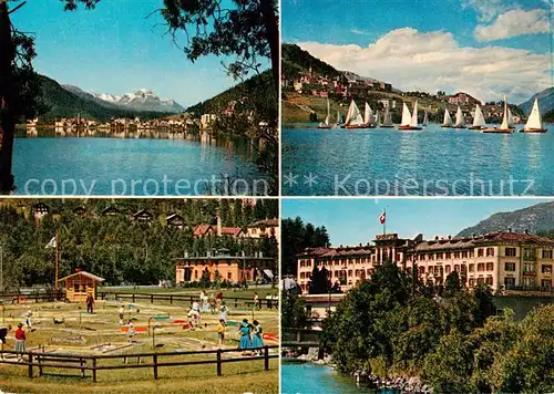 AK / Ansichtskarte St_Moritz_Bad_GR mit Piz La Margne Miniaturgolf Segelsport auf dem St Moritzer See Hotel Du Lac  St_Moritz_Bad_GR