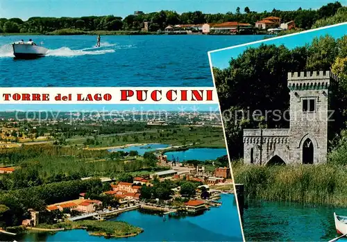 AK / Ansichtskarte Torre_del_Lago_Puccini Panorama Wassersport Wasserski Burg Luftbild Lago di Massaciuccoli Torre_del_Lago_Puccini