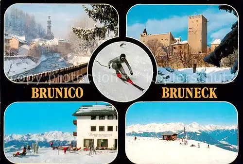 AK / Ansichtskarte Bruneck Ortsansichten Burg Skiabfahrtslaeufer Wintersport Alpen Bergrestaurant Bruneck