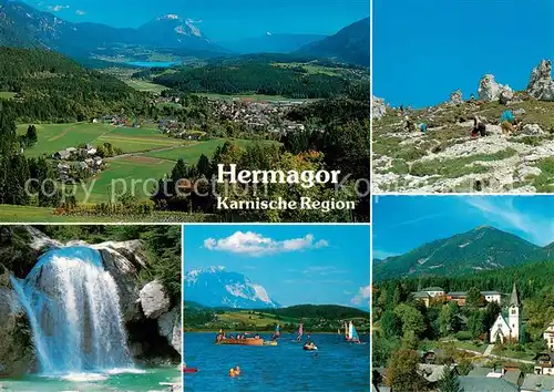 AK / Ansichtskarte 73843447 Hermagor_Kaernten_AT Karnische Region Panorama Wasserfall Pressegger See und Villacher Alpe Nassfeld Garnitzenklamm  