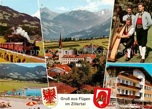 AK / Ansichtskarte  Fuegen_Zillertal_Tirol_AT Zillerbahn Panorama Sterntrio Freibad Gemeindehaus 