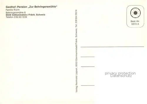 AK / Ansichtskarte 73843597 Goessweinstein Gasthof Pension Zur Behringersmuehle Goessweinstein