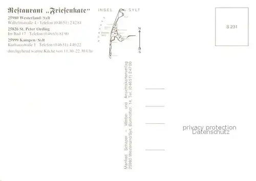 AK / Ansichtskarte Westerland_Sylt Restaurant Friesenkate mit Kampen Sylt und St Peter Ording Terrasse Westerland_Sylt