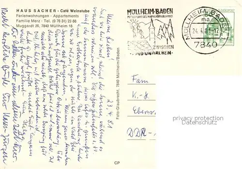 AK / Ansichtskarte Muellheim_Baden Haus Sacher Cafe Weinstube Muellheim_Baden