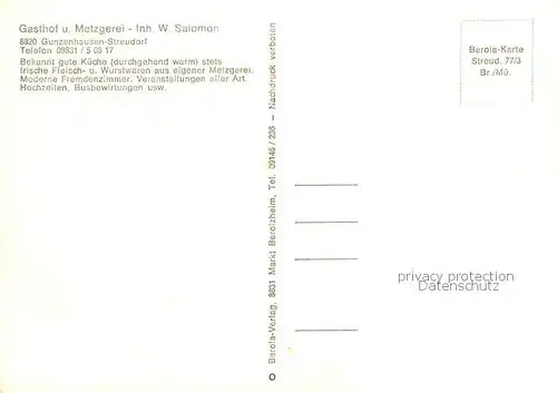 AK / Ansichtskarte Streudorf_Mittelfranken Gasthof Metzgerei Solomon Gastraeume Verkaufstheke Streudorf Mittelfranken